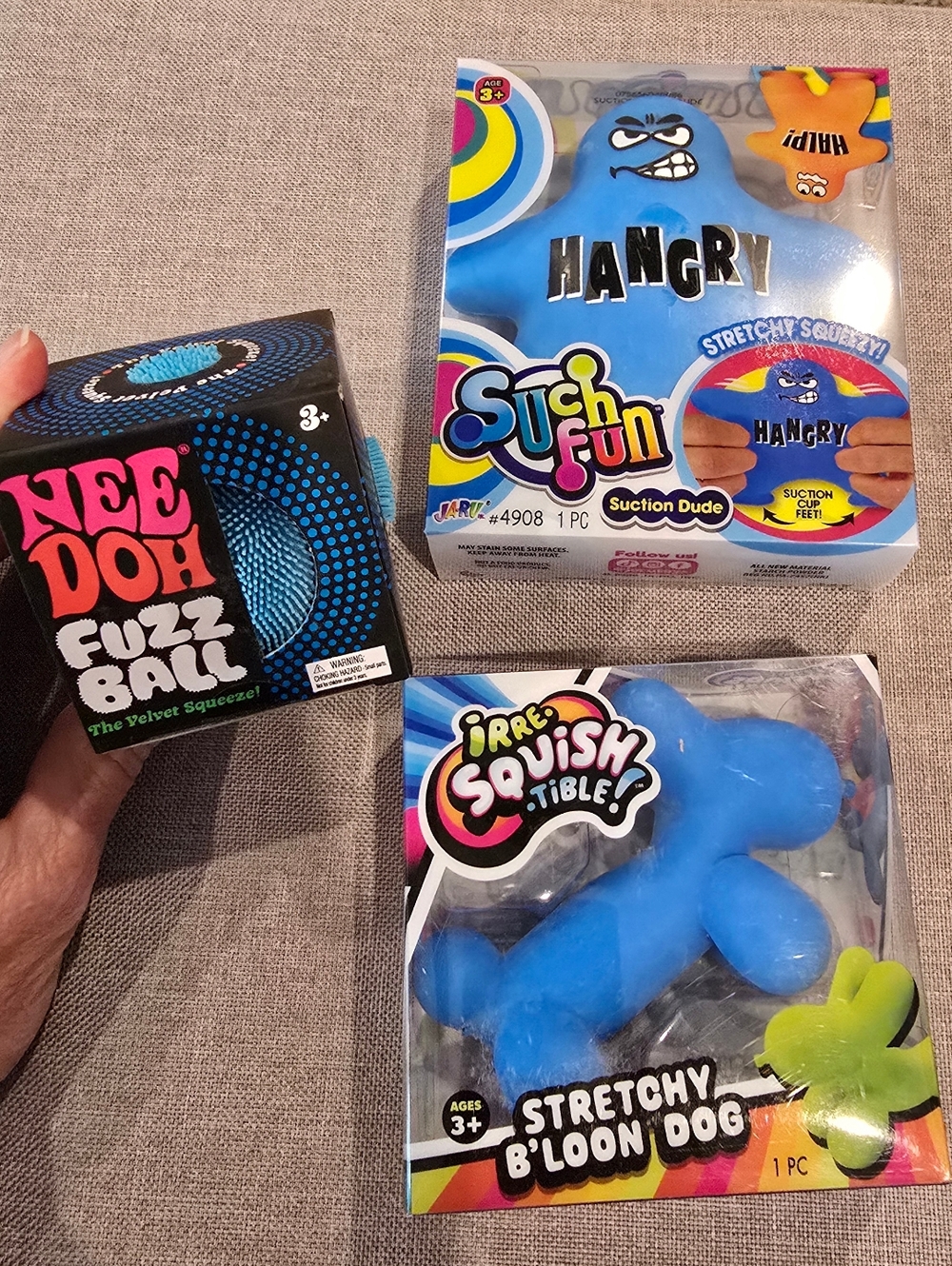 Bundle Of Blue Squishies, 1 Needoh Fuzz Ball, 1 Dog, 1 Hangry